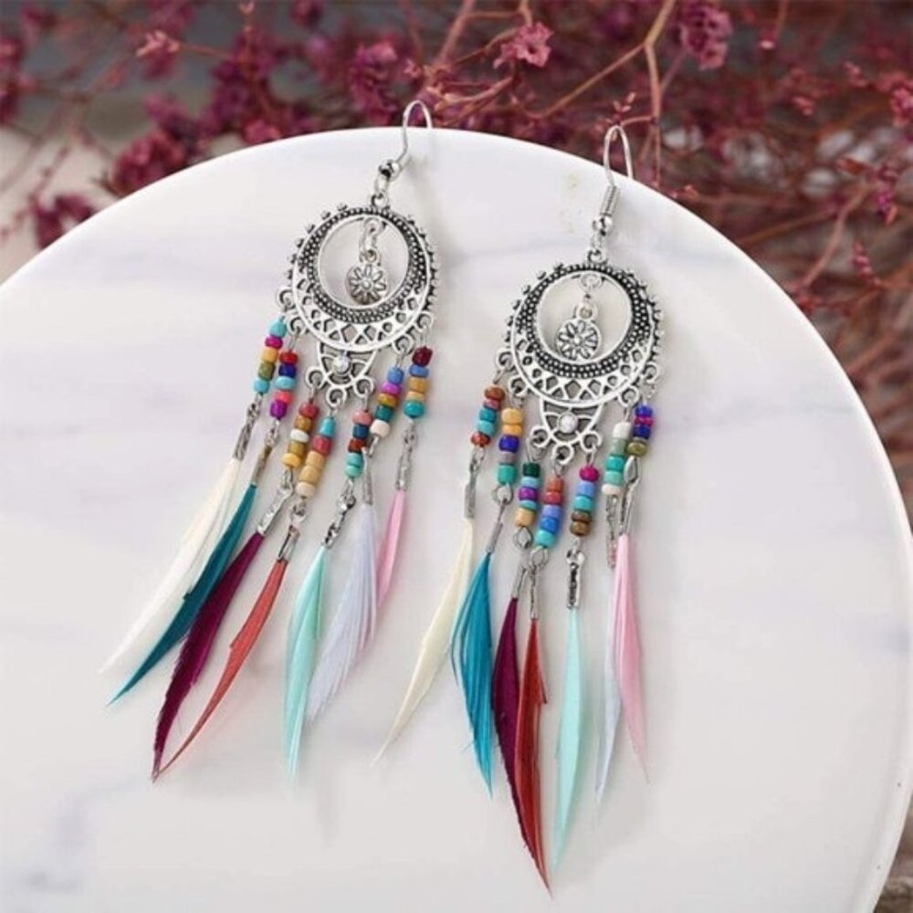 Betsey Johnson Silver Ethnic Retro Boho Hippie Dangle Feather Tassel Earrings